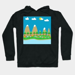 A scenic landscape with a mountains, trees,  sky, clouds and a river with boat Hoodie